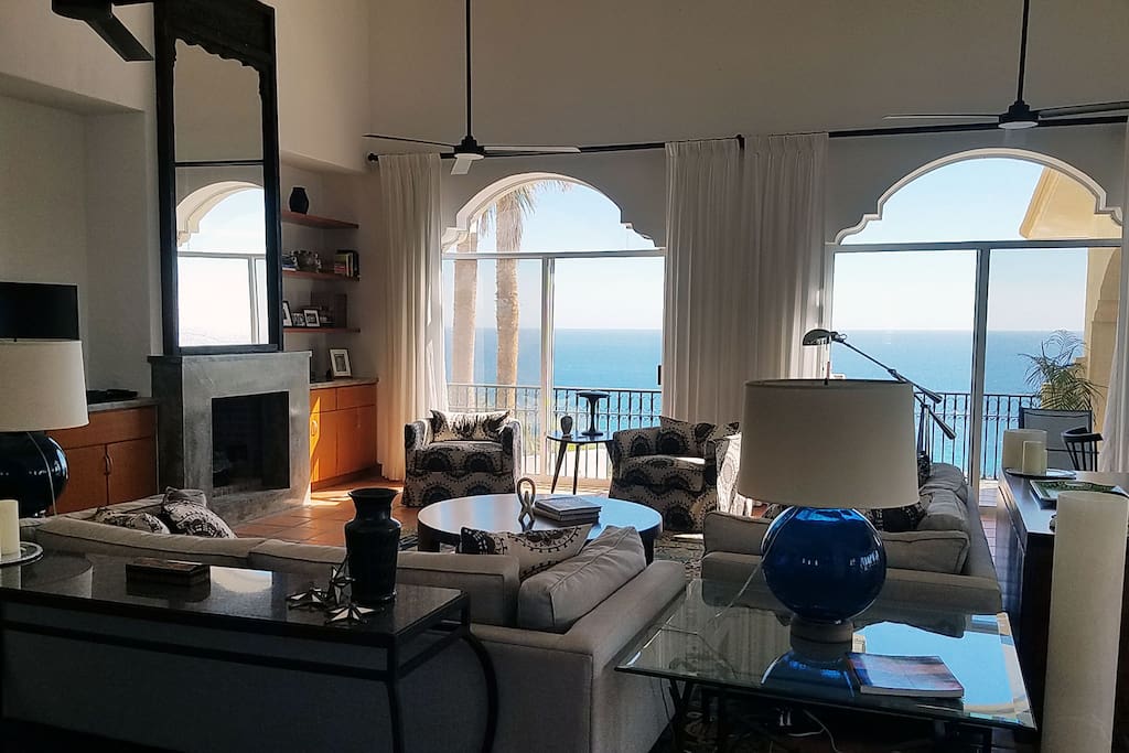 Dramatic Sea of Cortez views and designer furnishings in the living room.