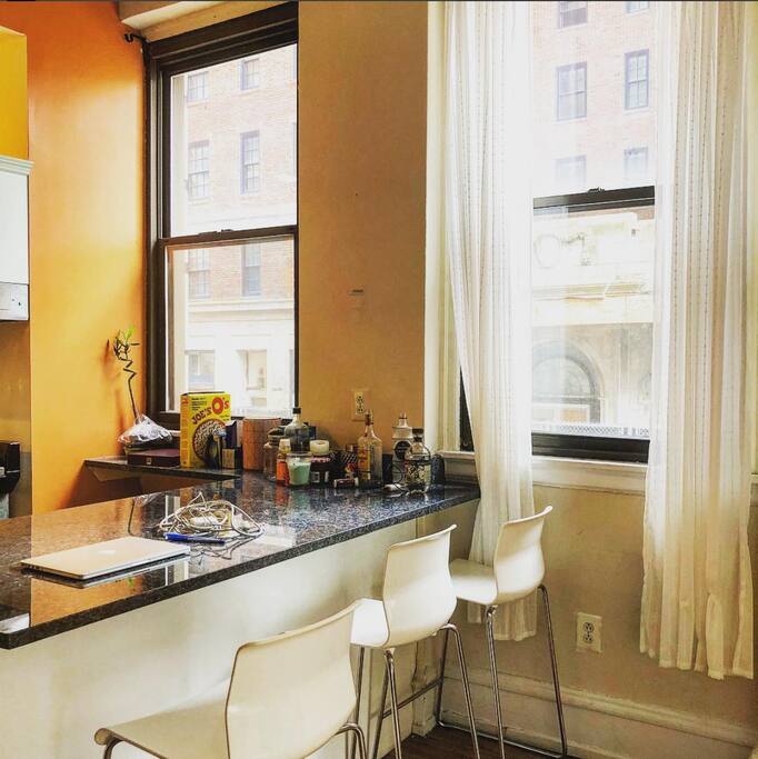 Dining table turned workspace, with a view
