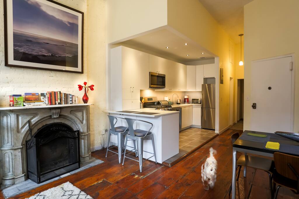 Working brick fireplace and our newly renovated kitchen