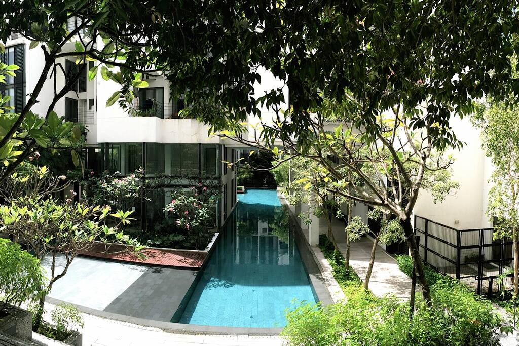 Cool off in our lap pool, the gym is in that little air-conditioned glass box ( on the left ) overlooking the pool.
