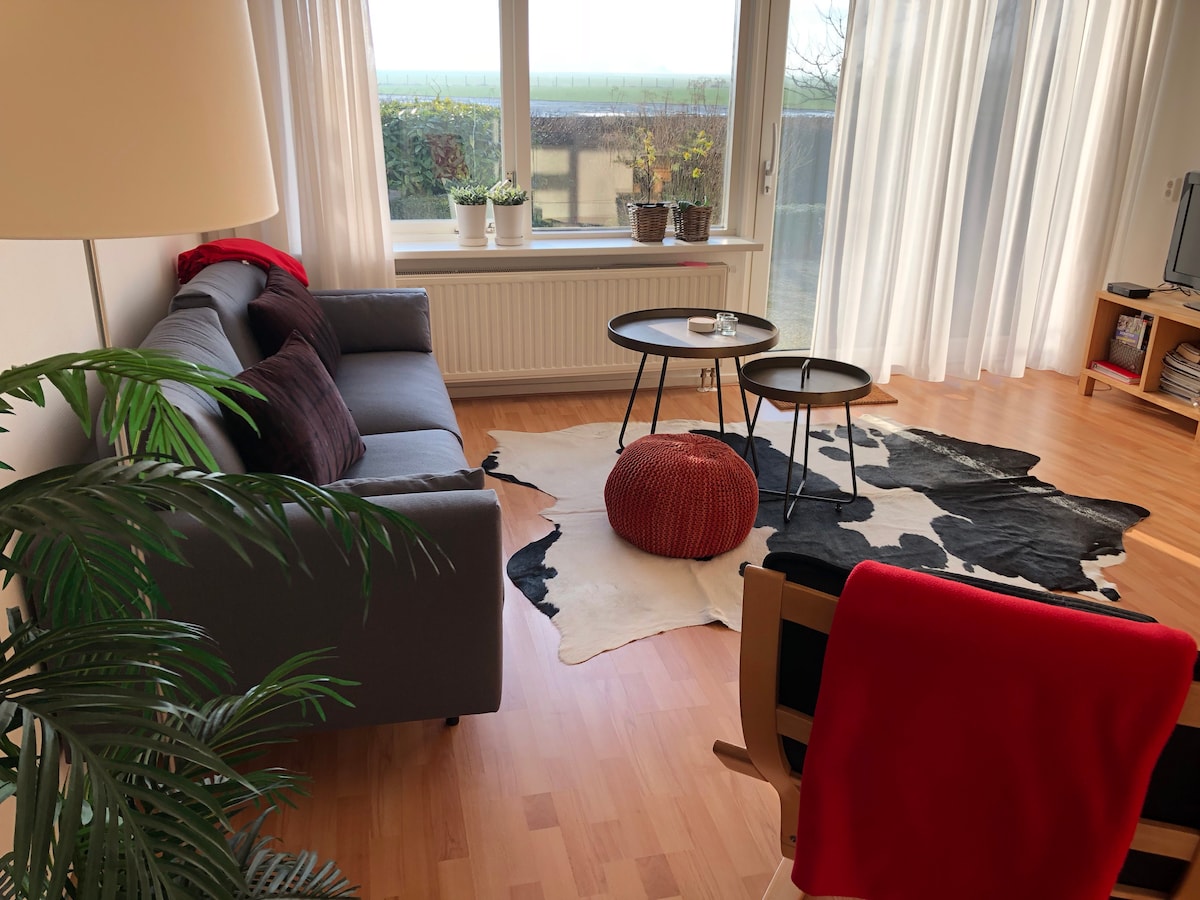 A cozy living area is presented with a gray sofa and a patterned area rug. Two circular tables sit in front of the seating, accompanied by a vibrant red pouf. Natural light enters through large windows adorned with sheer curtains, offering a view of greenery beyond.