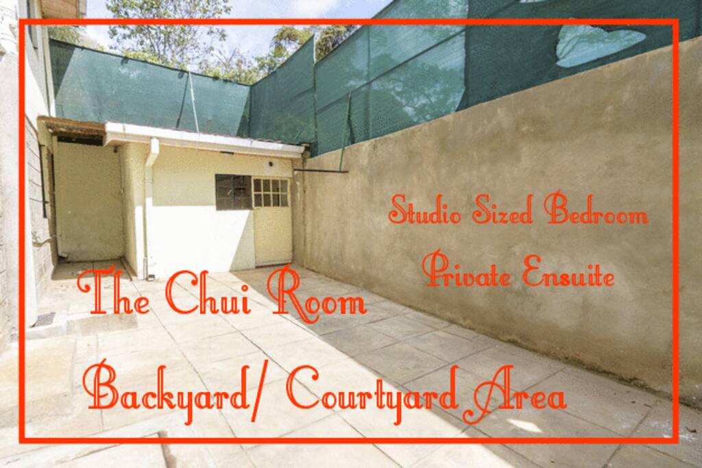 CHUI ROOM (SWAHILI FOR LEOPARD) LOCATED DOWNSTAIRS and outside in the Backyard/ Courtyard area. It is a STUDIO SIZE BEDROOM - ENSUITE with a shower style bathroom. Plenty of room to stretch out in the back with a privacy wall.