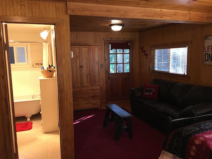 Canapé en cuir pour vous détendre (il se déplie mais nous ne pouvons pas promettre un confort haut de gamme). Des draps supplémentaires sont à l'intérieur de l'armoire. 