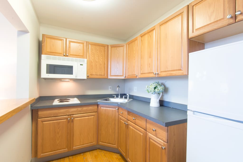 Kitchenette with cooktop, dishwasher, garbage disposal, fridge, and microwave
