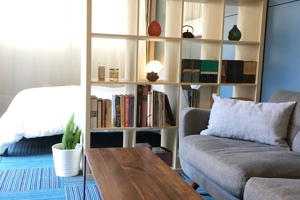 seating area and queen bed