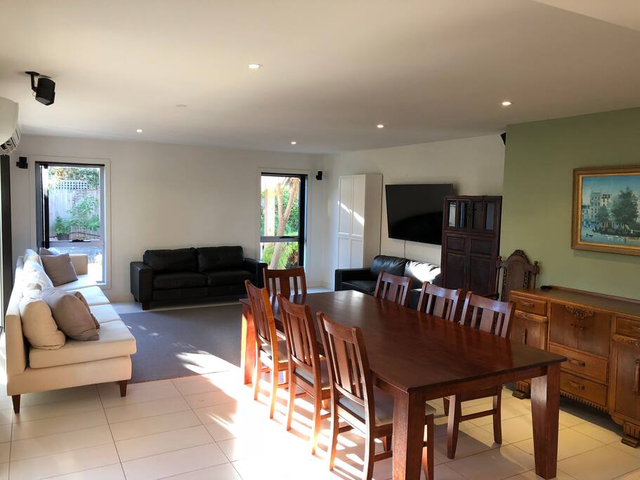 open plan living, dining, and kitchen