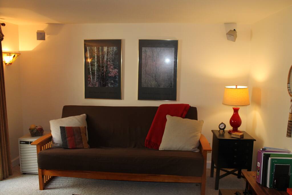 Den with HDTV, cable, surround sound. Couch folds out to sleep 2.