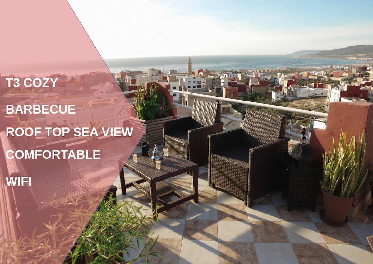 A rooftop terrace features comfortable seating arrangements, including wicker chairs and a table. A panoramic view of the ocean and surrounding town is visible, while a potted plant adds a touch of greenery to the space. The terrace is designed for relaxation and social gatherings.