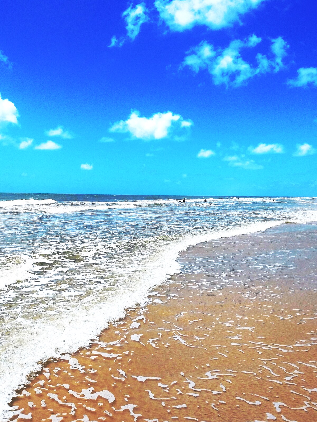 Gentle waves lap against a sandy beach under a clear blue sky. Light clouds drift across the horizon, creating a serene seascape. The shoreline stretches into the distance, offering a sense of openness and tranquility.