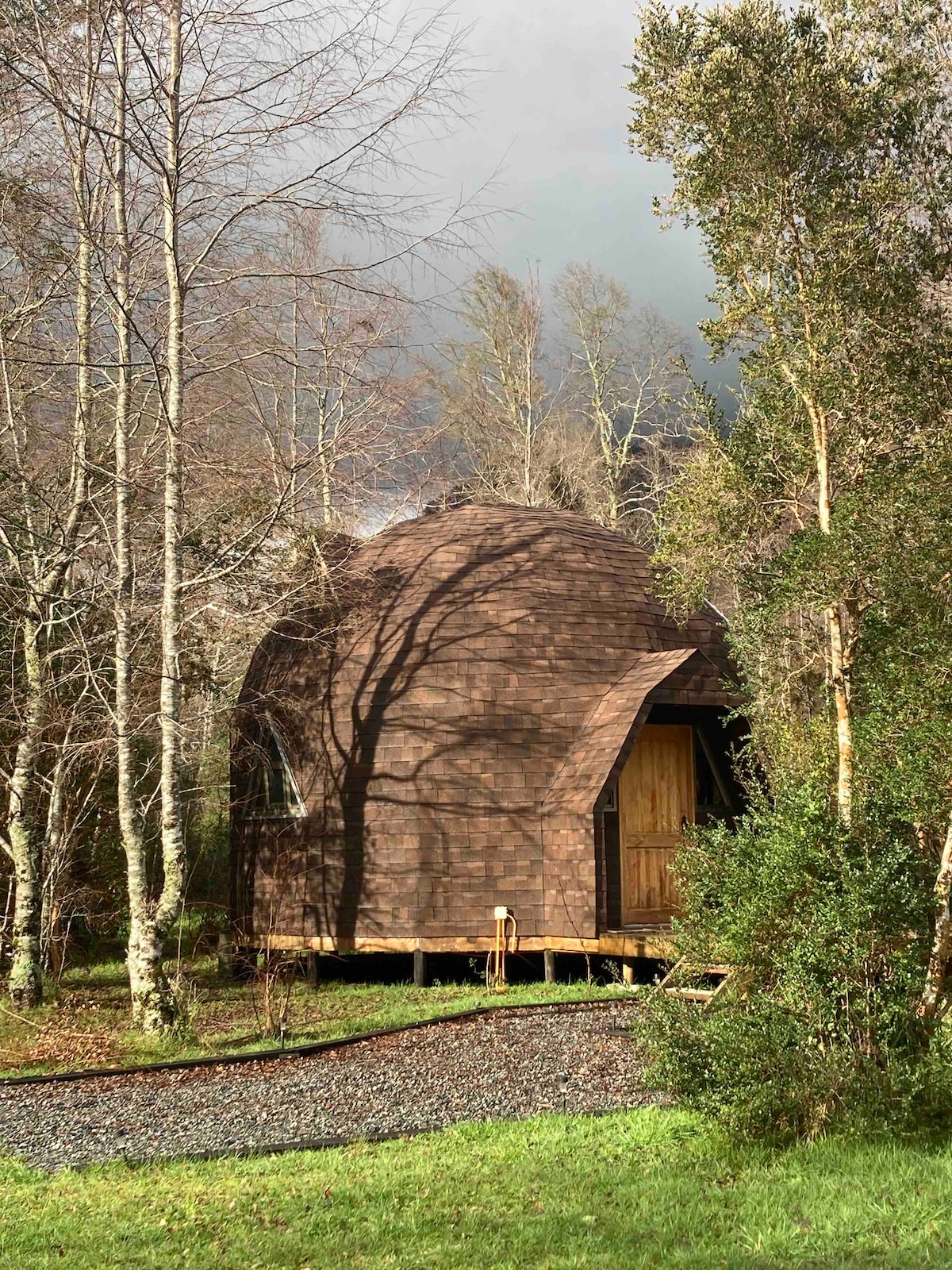 A wooden dome structure is nestled among trees, showcasing a natural wood exterior. The entrance features a solid wooden door, set on a raised platform above the grass. A scenic backdrop of forest and cloudy skies adds to the serene environment.