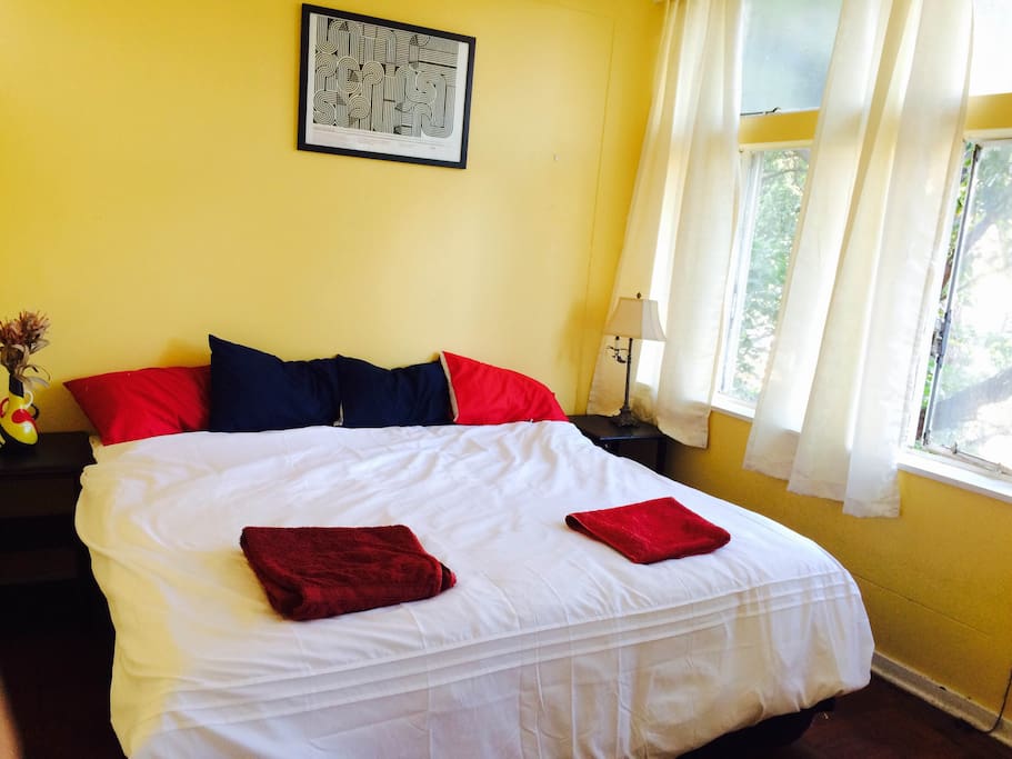 We are able to provide a king size bed or 2 single beds depending on your needs.