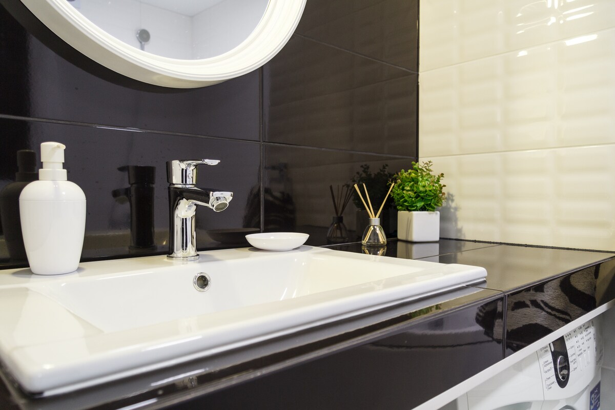 The bathroom sink area features a sleek black and white design. A modern faucet is positioned above a clean, white sink. Soap dispenser and decorative items are neatly arranged on the counter, complemented by a small potted plant for a touch of greenery.