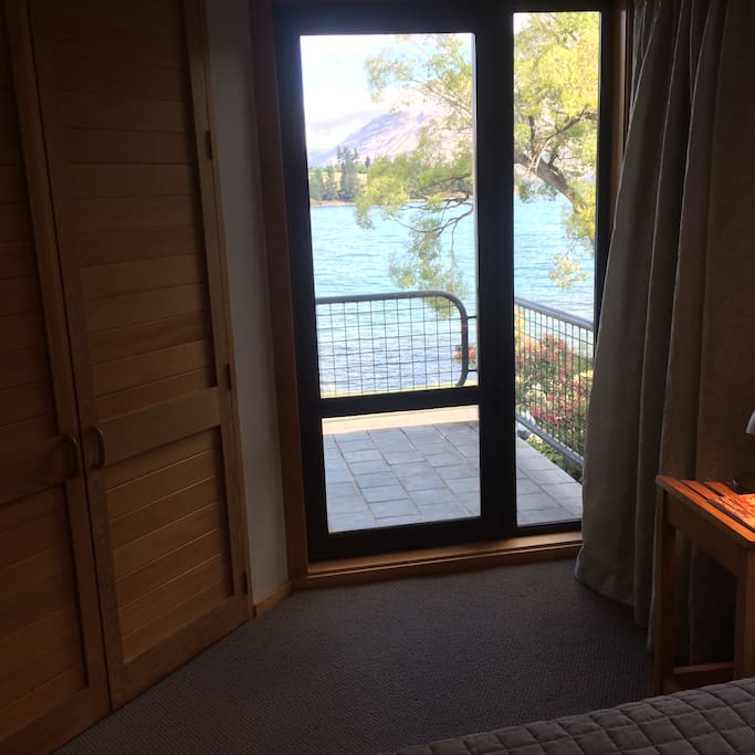 View across deck to beach
