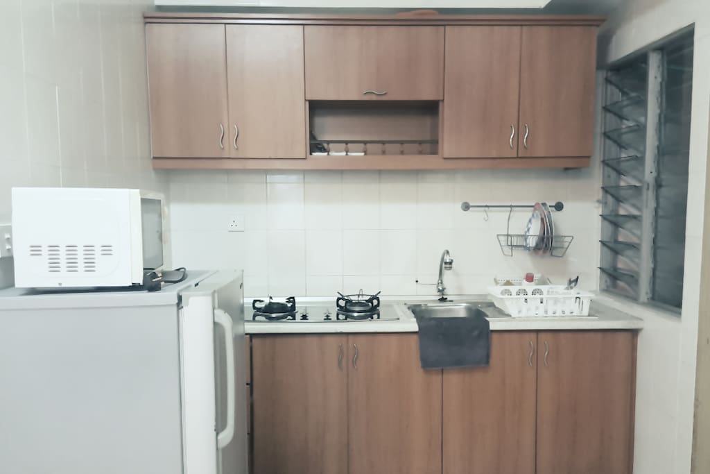 Kitchen with stove + fridge + microwave. There is washing machine as well