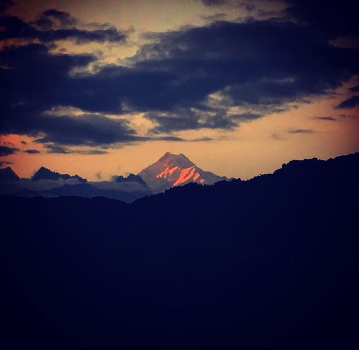 Sunset over Mt. Khangchendzonga from the living room