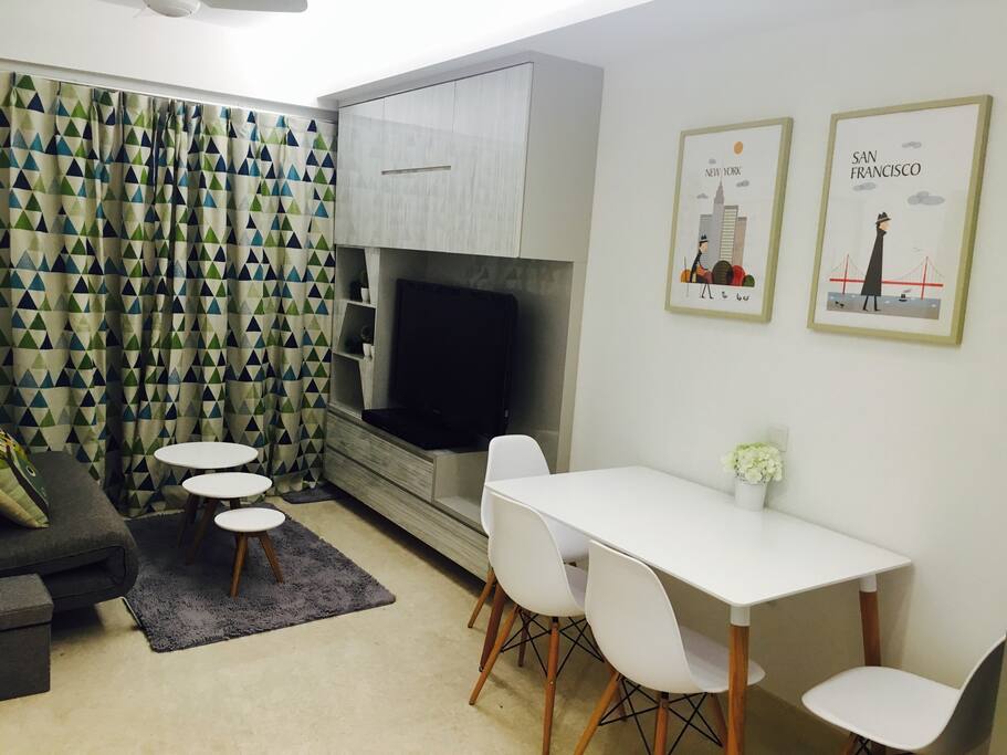 Dinning table, tv console, coffee tabke & sofa bed.