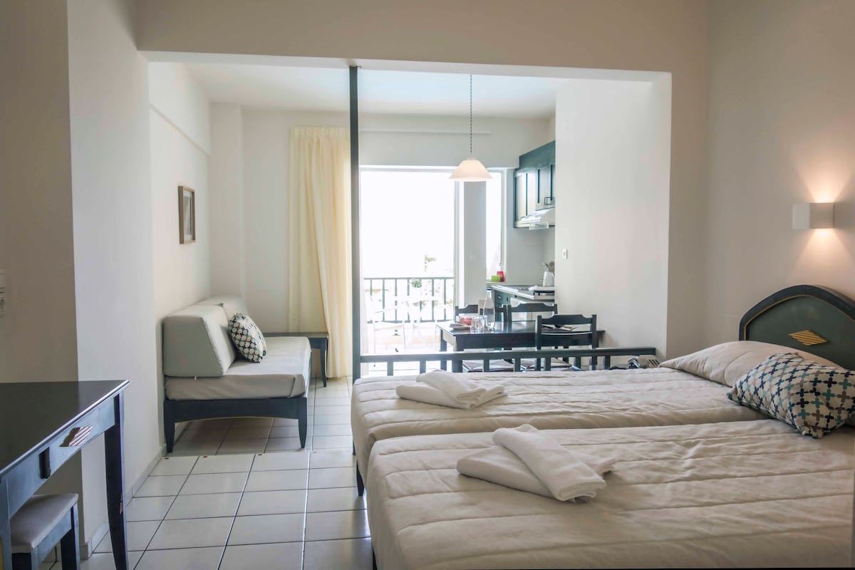 A spacious studio apartment is presented with two twin beds neatly arranged. The kitchenette and dining area are visible, with a comfortable seating area nearby. Natural light enters through the glass doors leading to the private balcony, enhancing the open feel of the space.