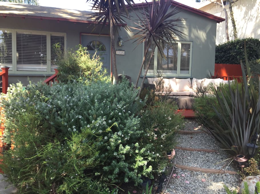 This is the front of your house with your private porch, BBQ, and an amazing garden.