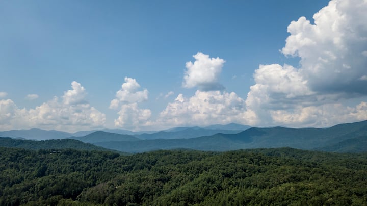 Drone view of Hickory Hideout in the forest