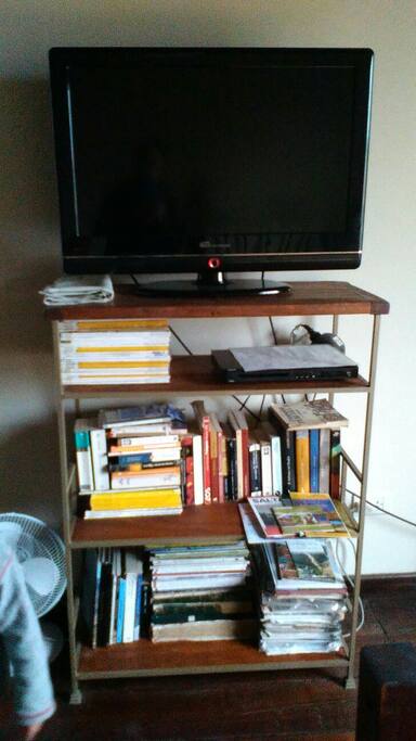 The house has books everywhere and a cable tv.
