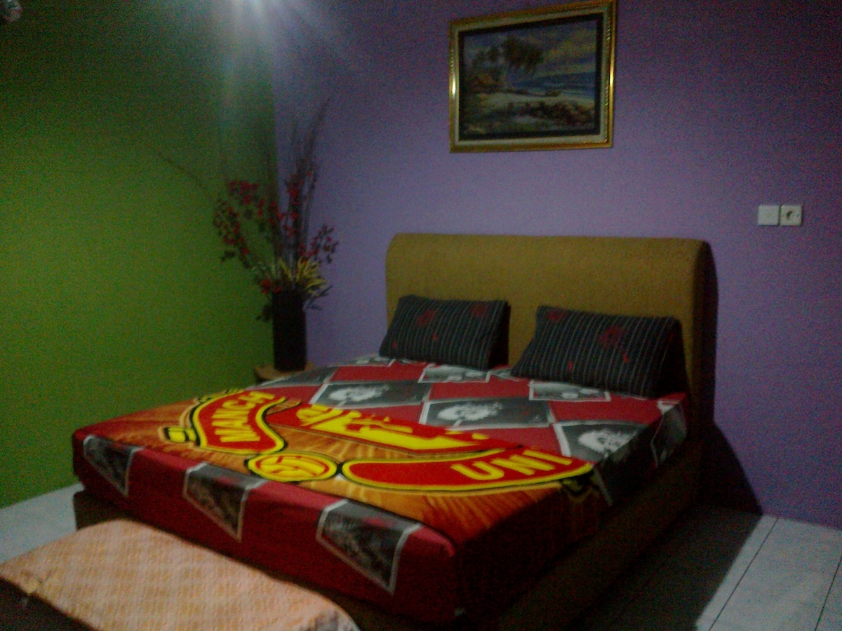 A single room is presented with vibrant purple and green walls. A spacious bed is dressed with a patterned blanket featuring various images. Decorative elements include a vase with flowers and a framed landscape artwork on the wall, adding interest to the space.