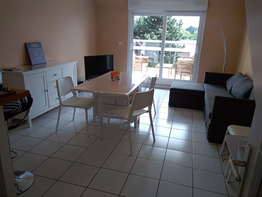 Buffet, grand canapé lit, TV, terrasse avec salon en bois exotique