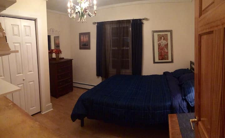 Bedroom with queen bed and closet