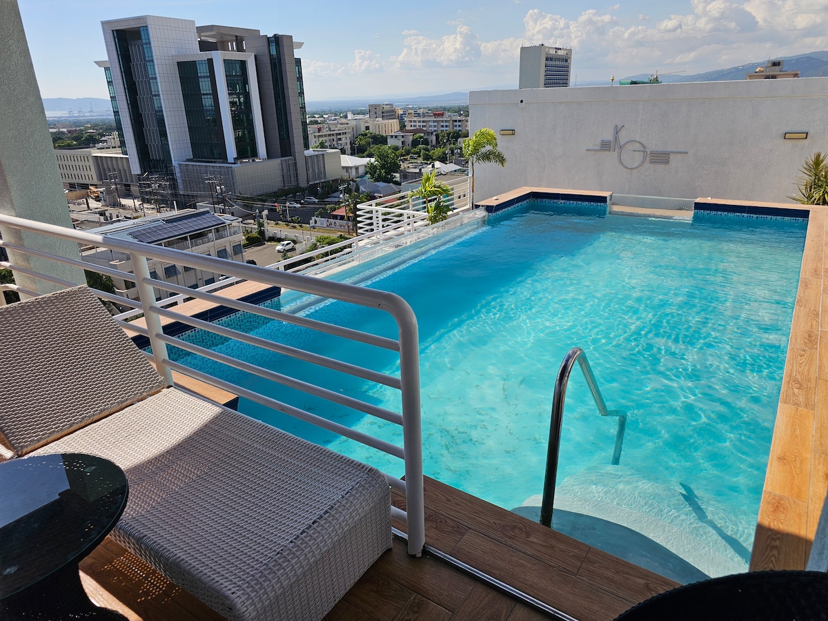 A contemporary pool area is featured on the roof terrace, showcasing clear blue water and a ladder for easy access. Lounge chairs are positioned nearby, inviting relaxation while enjoying scenic views of the surrounding city and distant mountains.