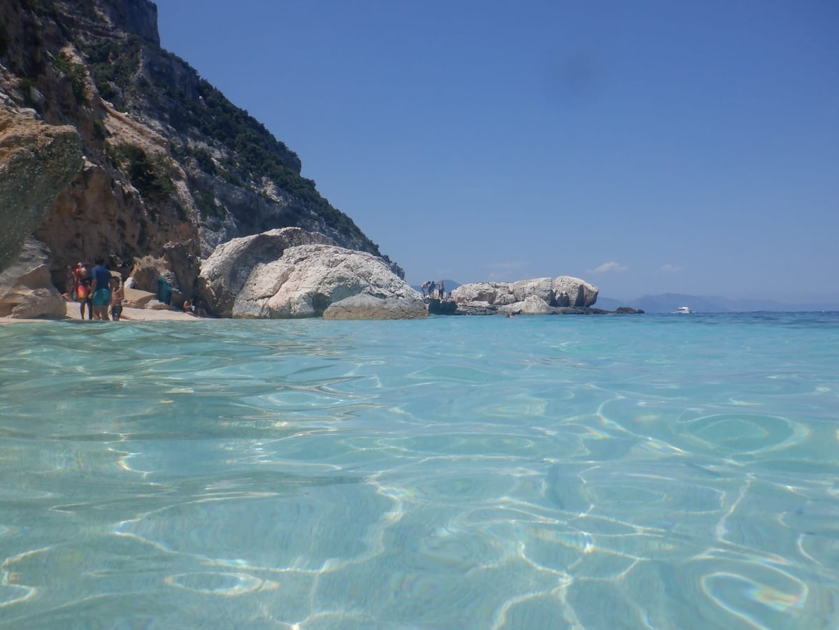 A serene coastal scene is depicted, featuring clear turquoise waters gently lapping against rocky shorelines. The sunlight creates shimmering patterns on the water's surface. People can be seen in the distance enjoying the beach, surrounded by lush greenery and steep cliffs.