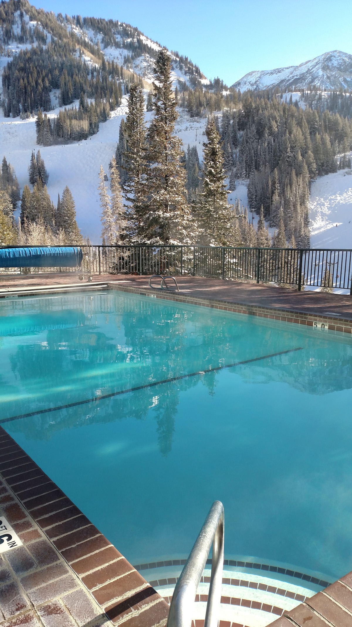 A heated outdoor pool is surrounded by a wooden deck, offering views of snow-covered mountains and evergreen trees. The crystal-clear water reflects the blue sky and surrounding landscape, creating a serene environment to relax.