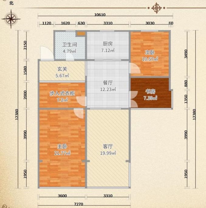 房间户型图。本房源为套内10.57平米次卧。共享厨房、餐厅、客厅、卫生间、玄关以及部分步入式衣帽间。