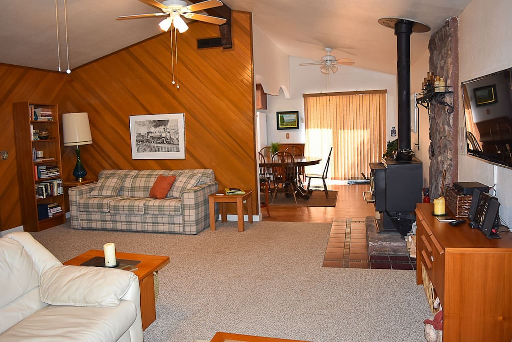 Great Room with a wood burning stove
