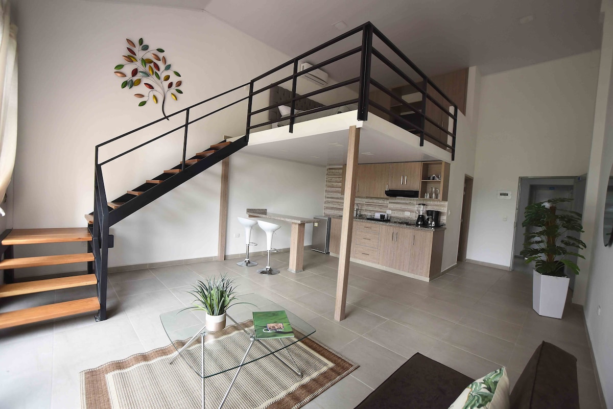 An open living space features a modern design with high ceilings and natural light streaming in through large windows. A staircase leads to a loft area above. A glass coffee table rests on a textured rug, while a small plant adds a touch of greenery.