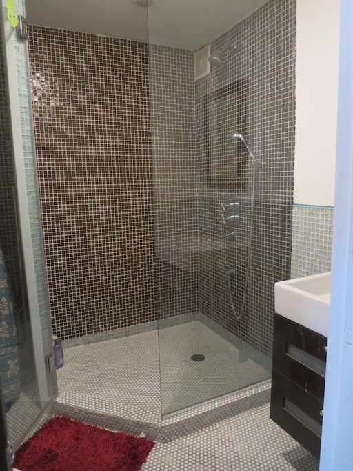 double headed shower in first bathroom. Tub in second