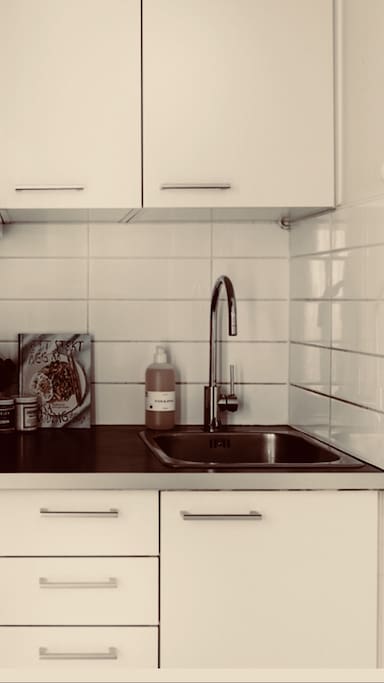 Small kitchen, complete with refridgerator, electric stove tops and oven