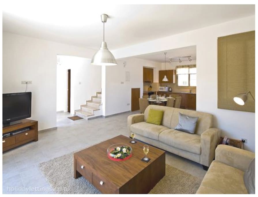 The living room and kitchen are equipped for comfort
