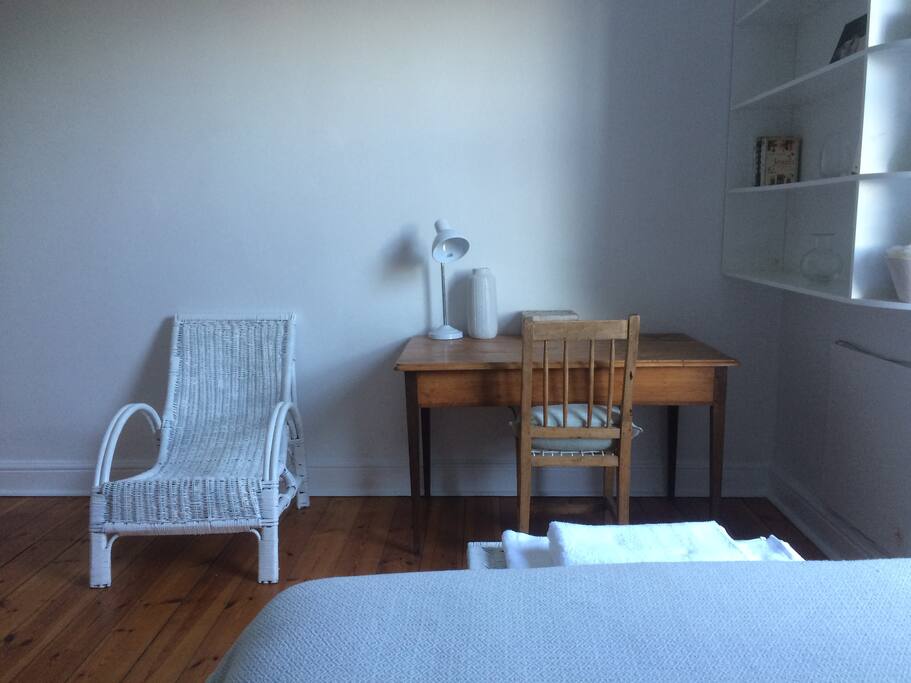 Desk and lamp.