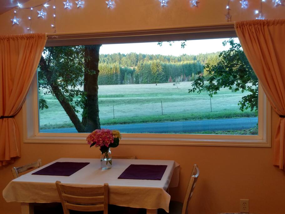 Living room view of pasture & pond