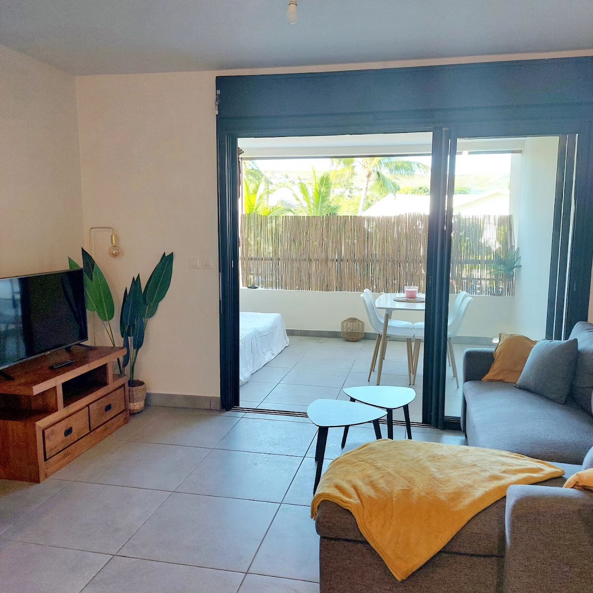 The open living space includes a comfortable sofa and a sleek coffee table, with a television positioned on a wooden unit. Sliding glass doors lead to a private terrace lined with bamboo, where a dining table and chairs are visible amidst tropical greenery.
