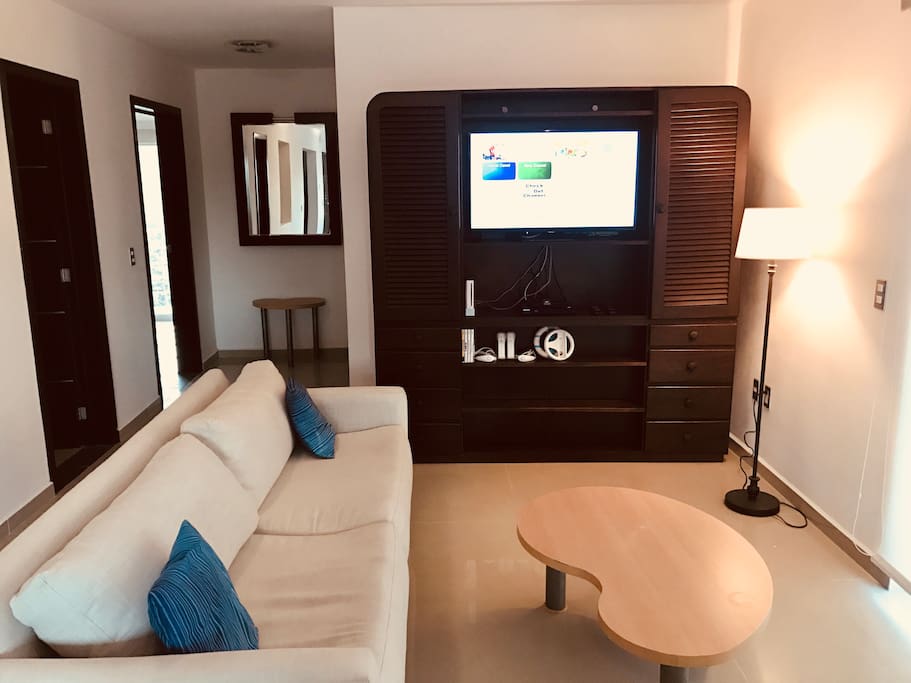 The living room entertainment center includes a netflix enabled smart tv, dvd player with a variety of movies and a wii game console