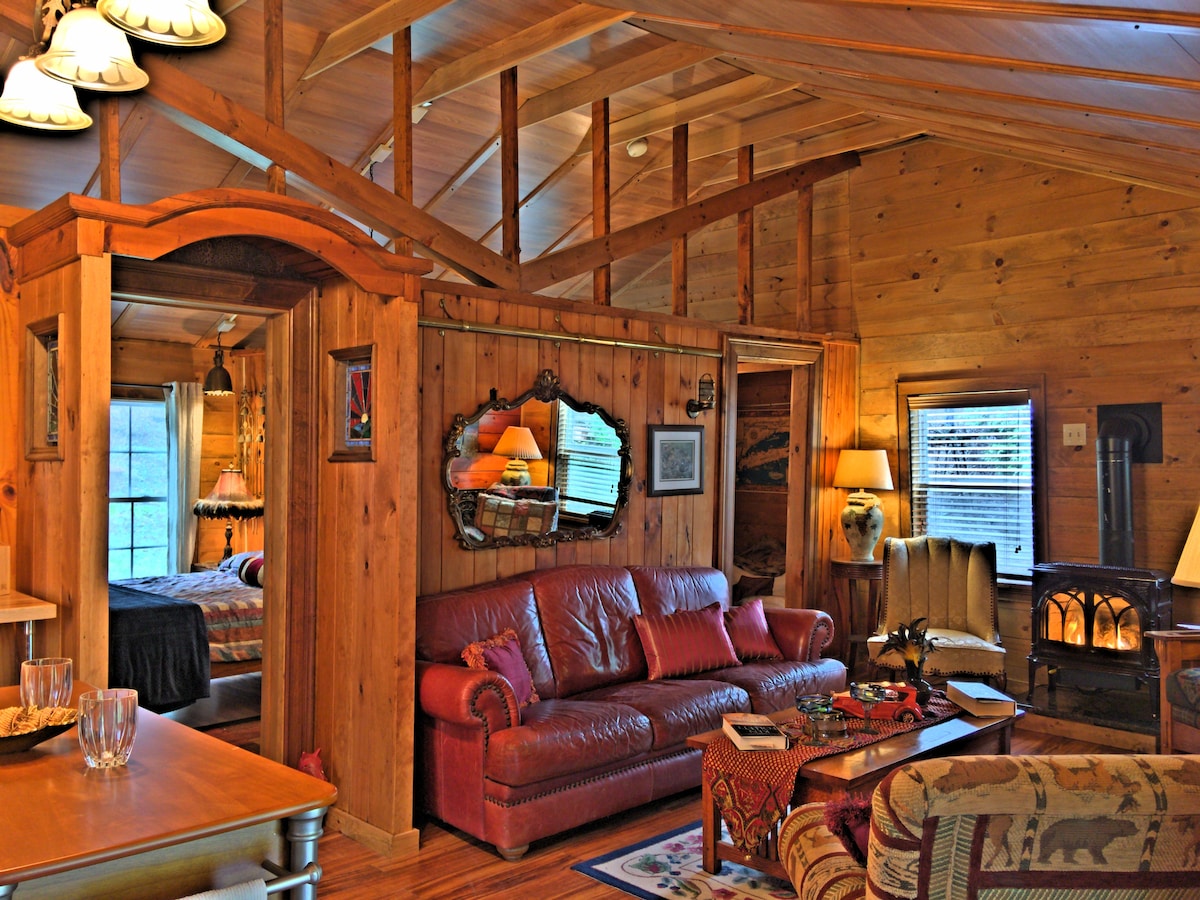 The open living space features warm wood paneling and rustic furnishings. A red leather sofa faces a decorative fireplace, with an armchair nearby. A mirrored wall adds depth, while natural light fills the area through windows. The adjoining section reveals a cozy sleeping area with soft linens.