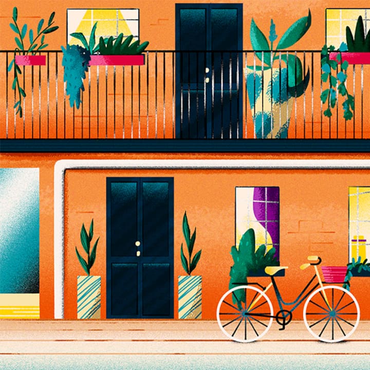 illustration of bicycle in front of building