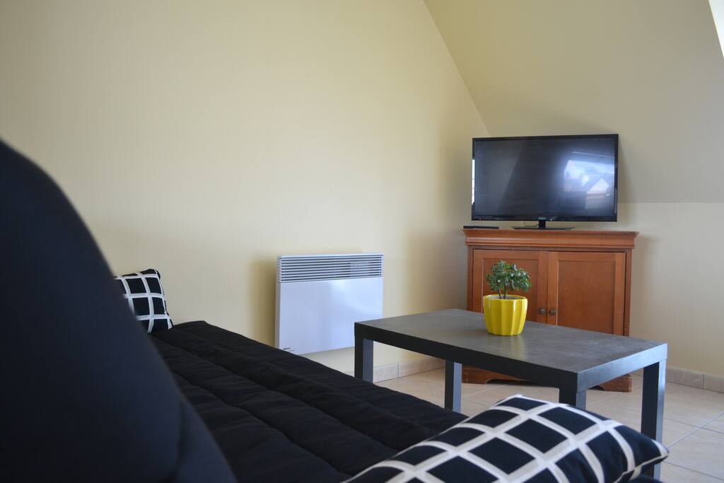 Le coin salon, équipé d'une TV écran plat