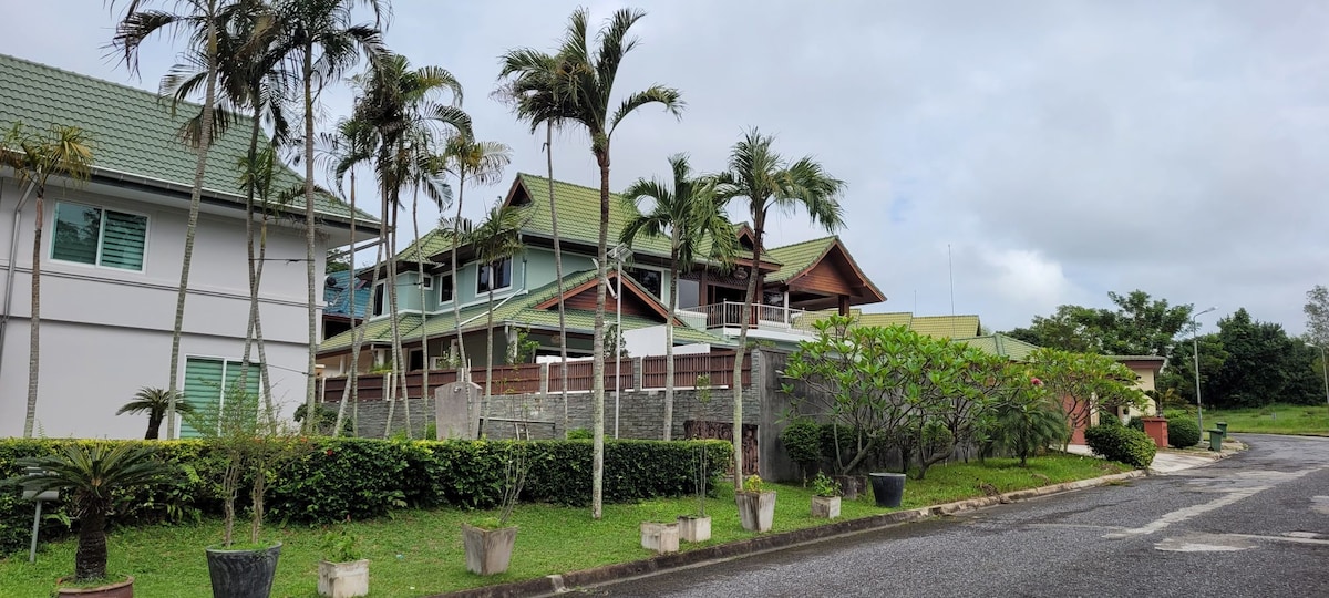 A charming villa is surrounded by well-maintained gardens featuring palm trees and colorful foliage. The structure showcases multiple levels with a combination of green and neutral tones. A quiet street runs alongside the property, complementing the serene atmosphere.