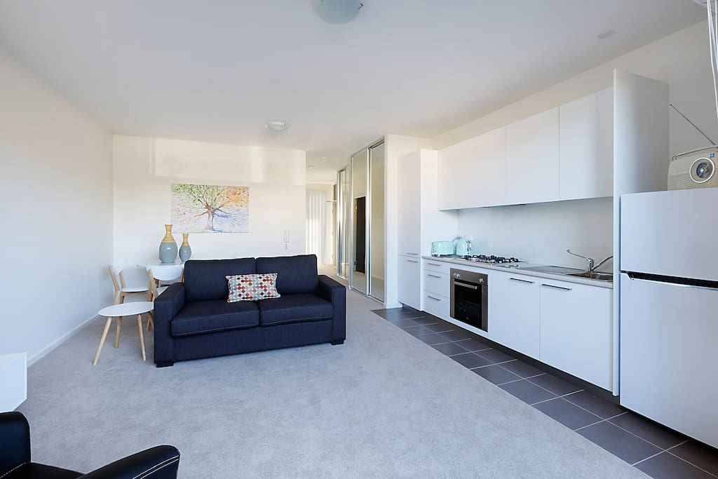 Living, kitchen and dining areas.