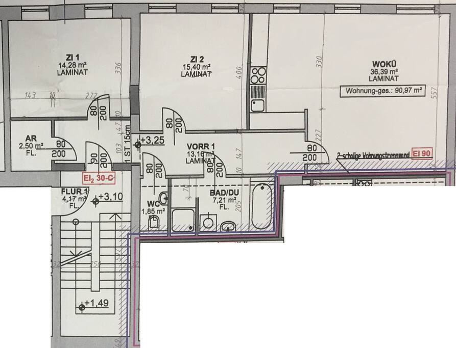 Grundriss mit Raumaufteilung, 90,97m²