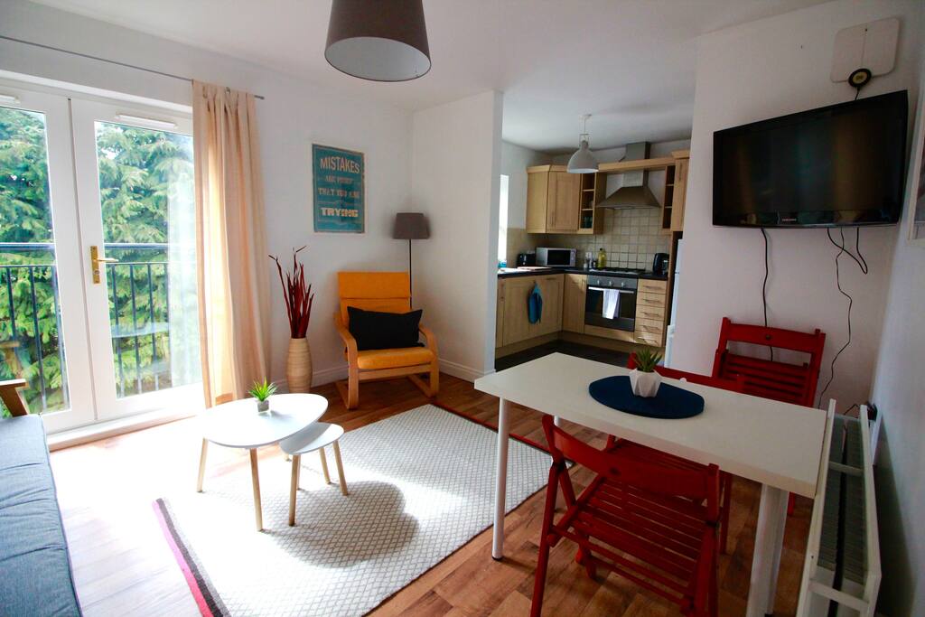 Living room, kitchen and dining area
