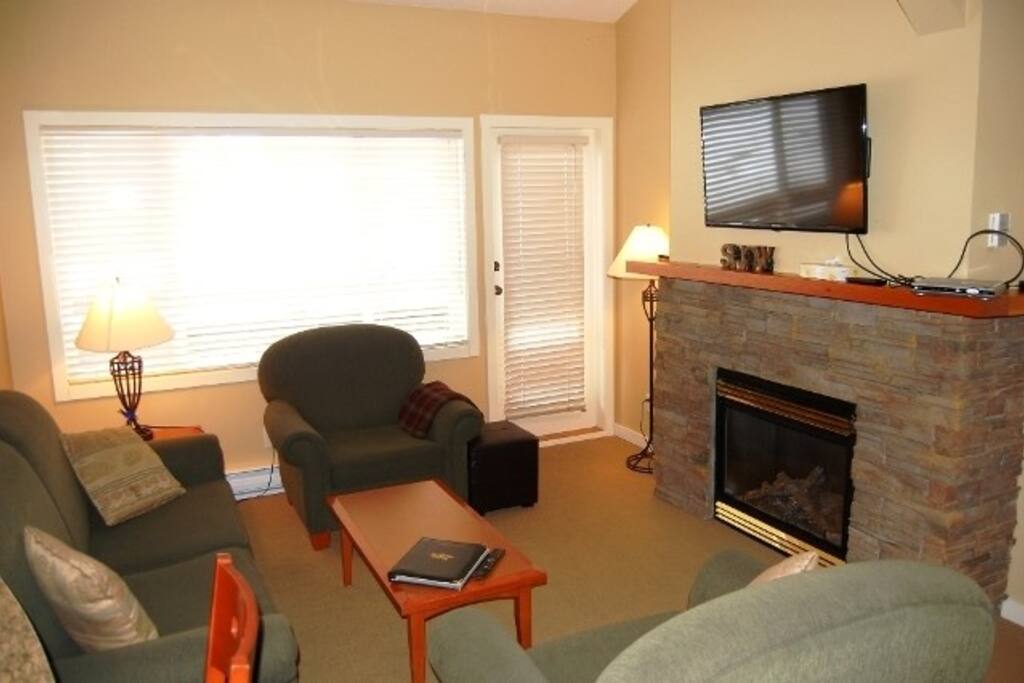 The living area features comfortable furnishings, a cozy fireplace, and a flat screen TV