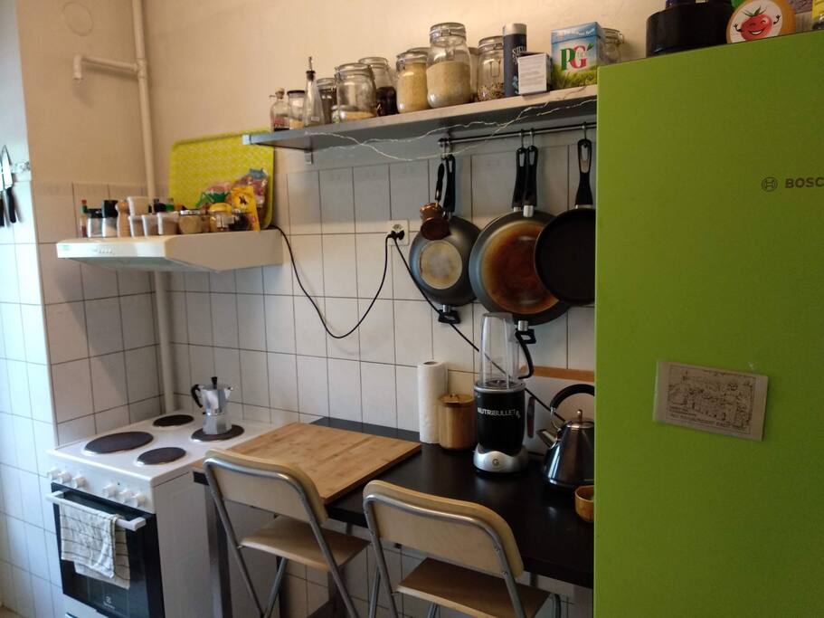 Kitchen with all the essentials and a small balcony