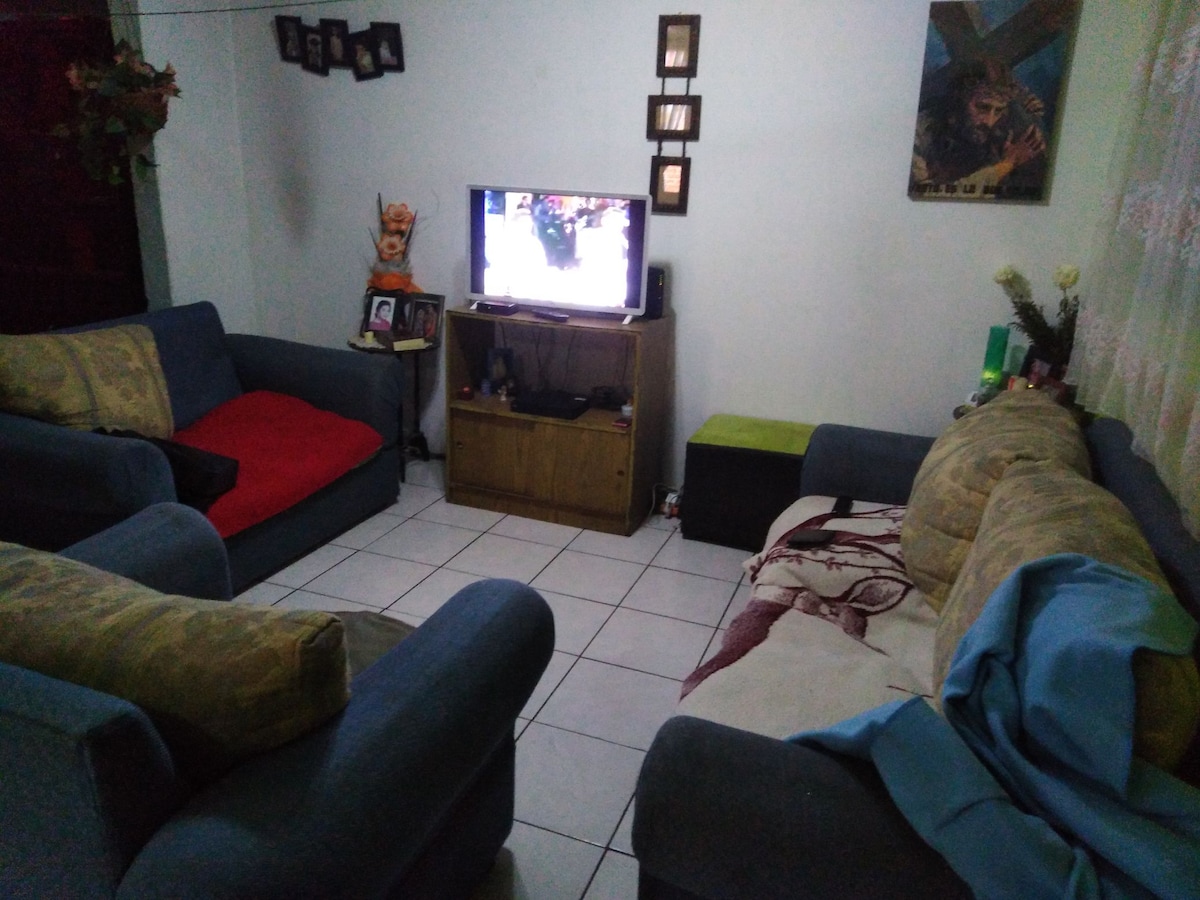 A cozy living area features multiple seating options, including two blue sofas with colorful cushions and a cushioned armchair. A wooden entertainment unit holds a television, while wall decorations and plants add character to the space. Light is filtered through sheer window coverings.